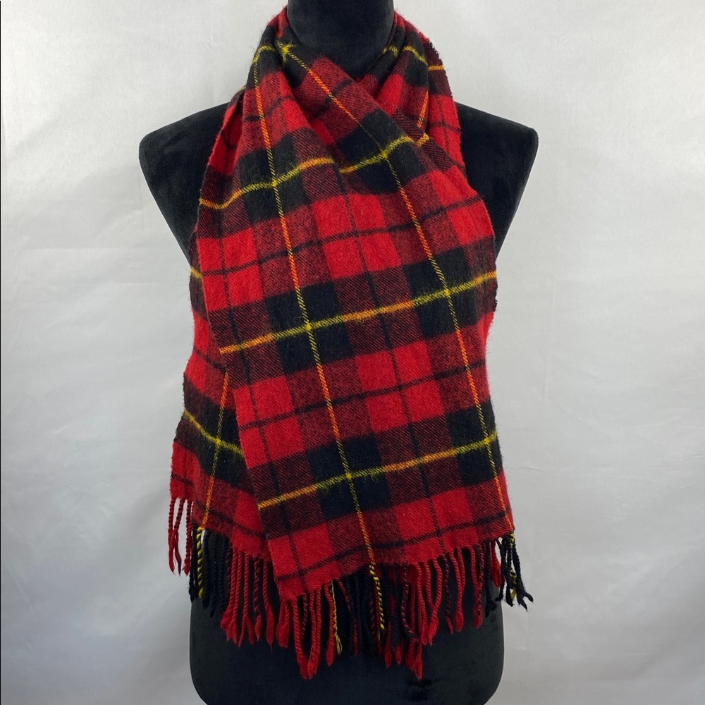 Vintage Clans of Scotland 100% Pure New Wool Red Plaid Fringe Scarf 54”X 11”